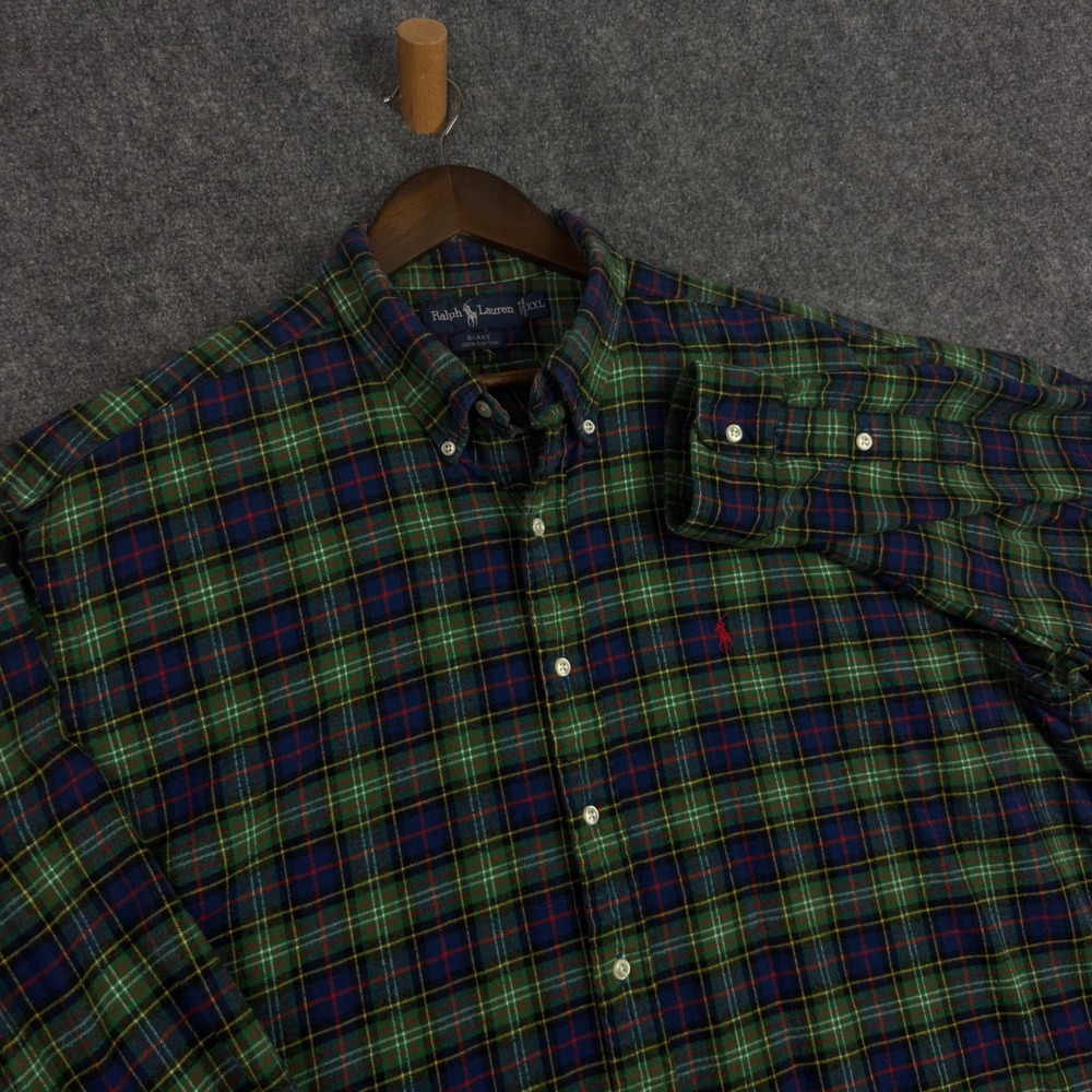 Ralph Lauren Blake Shirt Mens XXL Green Blue Tartan Plaid Cotton Button Down